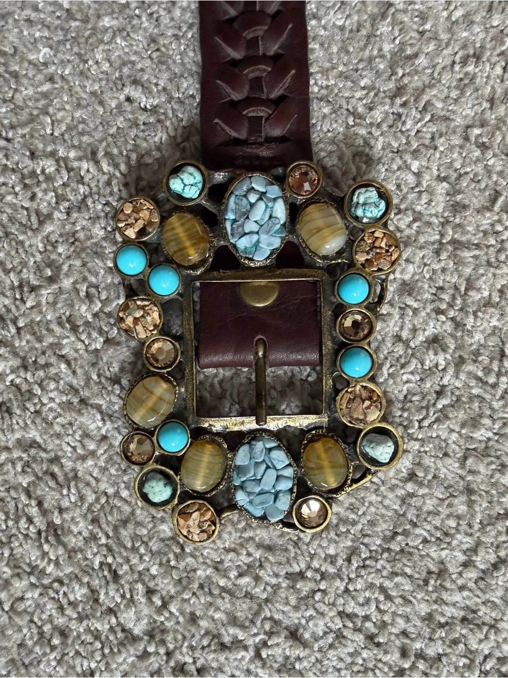 Leatherock USA Brown Woven Boho Stone Buckle Statement Belt